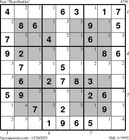 The grouppuzzles.com Easy HyperSudoku puzzle for Friday December 26, 2025, suitable for printing, with all 4 steps marked