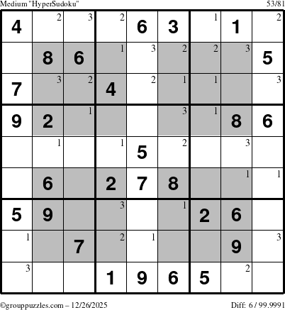 The grouppuzzles.com Medium HyperSudoku puzzle for Friday December 26, 2025 with the first 3 steps marked