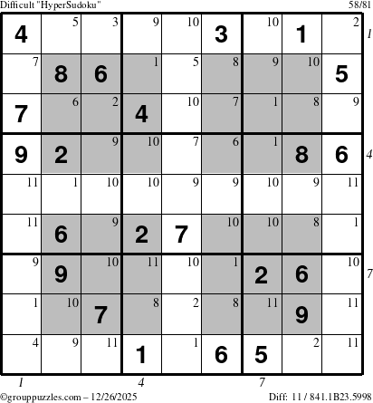 The grouppuzzles.com Difficult HyperSudoku puzzle for Friday December 26, 2025, suitable for printing, with all 11 steps marked