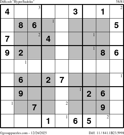 The grouppuzzles.com Difficult HyperSudoku puzzle for Friday December 26, 2025 with the first 3 steps marked