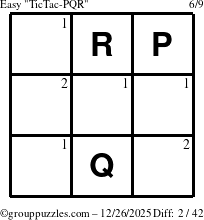 The grouppuzzles.com Easy TicTac-PQR puzzle for Friday December 26, 2025 with the first 2 steps marked