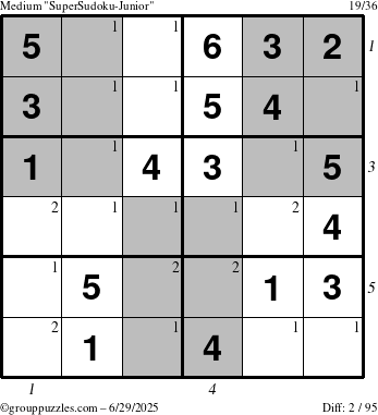 The grouppuzzles.com Medium SuperSudoku-Junior puzzle for Sunday June 29, 2025, suitable for printing, with all 2 steps marked