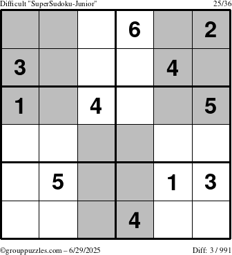 The grouppuzzles.com Difficult SuperSudoku-Junior puzzle for Sunday June 29, 2025
