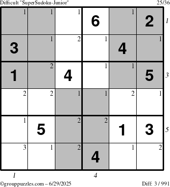 The grouppuzzles.com Difficult SuperSudoku-Junior puzzle for Sunday June 29, 2025 with all 3 steps marked