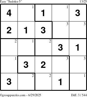 The grouppuzzles.com Easy Sudoku-5 puzzle for Sunday June 29, 2025 with the first 3 steps marked