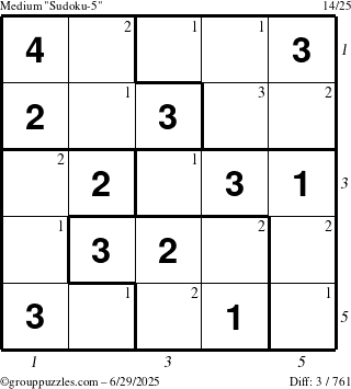 The grouppuzzles.com Medium Sudoku-5 puzzle for Sunday June 29, 2025, suitable for printing, with all 3 steps marked