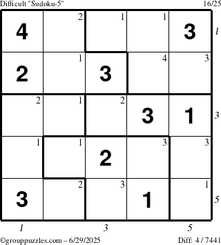 The grouppuzzles.com Difficult Sudoku-5 puzzle for Sunday June 29, 2025 with all 4 steps marked