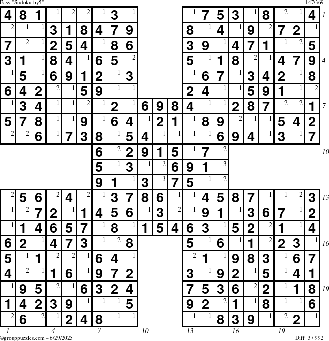 The grouppuzzles.com Easy Sudoku-by5 puzzle for Sunday June 29, 2025 with all 3 steps marked