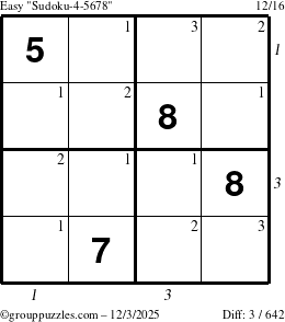 The grouppuzzles.com Easy Sudoku-4-5678 puzzle for Wednesday December 3, 2025, suitable for printing, with all 3 steps marked