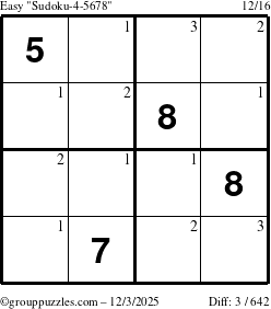 The grouppuzzles.com Easy Sudoku-4-5678 puzzle for Wednesday December 3, 2025 with the first 3 steps marked