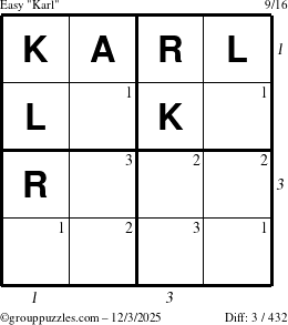 The grouppuzzles.com Easy Karl puzzle for Wednesday December 3, 2025 with all 3 steps marked