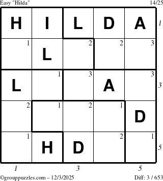 The grouppuzzles.com Easy Hilda puzzle for Wednesday December 3, 2025 with all 3 steps marked