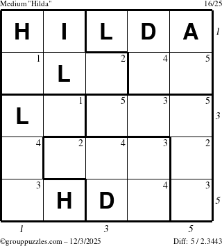 The grouppuzzles.com Medium Hilda puzzle for Wednesday December 3, 2025 with all 5 steps marked