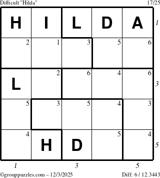 The grouppuzzles.com Difficult Hilda puzzle for Wednesday December 3, 2025, suitable for printing, with all 6 steps marked