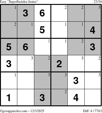 The grouppuzzles.com Easy SuperSudoku-Junior puzzle for Wednesday December 3, 2025 with the first 3 steps marked