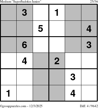 The grouppuzzles.com Medium SuperSudoku-Junior puzzle for Wednesday December 3, 2025