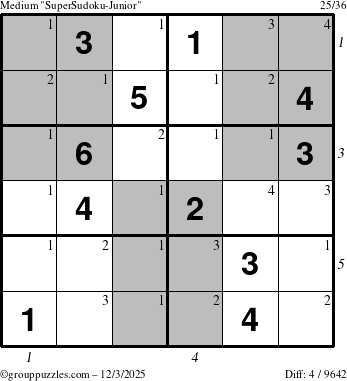 The grouppuzzles.com Medium SuperSudoku-Junior puzzle for Wednesday December 3, 2025 with all 4 steps marked