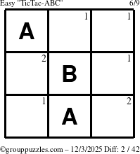 The grouppuzzles.com Easy TicTac-ABC puzzle for Wednesday December 3, 2025 with the first 2 steps marked