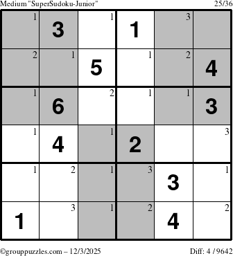 The grouppuzzles.com Medium SuperSudoku-Junior puzzle for Wednesday December 3, 2025 with the first 3 steps marked