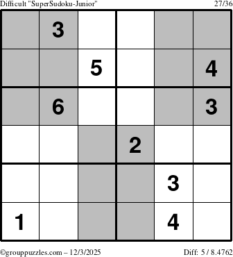 The grouppuzzles.com Difficult SuperSudoku-Junior puzzle for Wednesday December 3, 2025