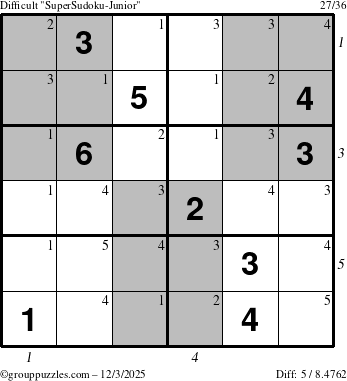 The grouppuzzles.com Difficult SuperSudoku-Junior puzzle for Wednesday December 3, 2025, suitable for printing, with all 5 steps marked