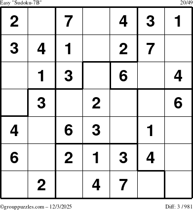 The grouppuzzles.com Easy Sudoku-7B puzzle for Wednesday December 3, 2025