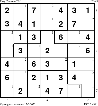 The grouppuzzles.com Easy Sudoku-7B puzzle for Wednesday December 3, 2025 with all 3 steps marked