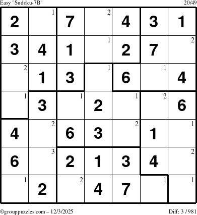 The grouppuzzles.com Easy Sudoku-7B puzzle for Wednesday December 3, 2025 with the first 3 steps marked