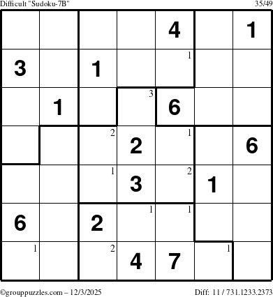 The grouppuzzles.com Difficult Sudoku-7B puzzle for Wednesday December 3, 2025 with the first 3 steps marked