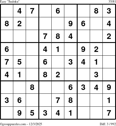 The grouppuzzles.com Easy Sudoku puzzle for Wednesday December 3, 2025