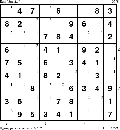 The grouppuzzles.com Easy Sudoku puzzle for Wednesday December 3, 2025, suitable for printing, with all 3 steps marked