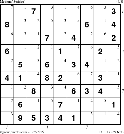 The grouppuzzles.com Medium Sudoku puzzle for Wednesday December 3, 2025, suitable for printing, with all 7 steps marked