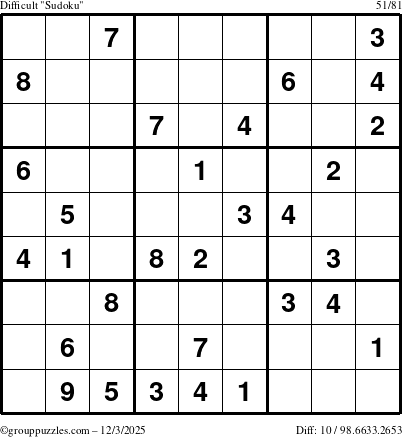 The grouppuzzles.com Difficult Sudoku puzzle for Wednesday December 3, 2025