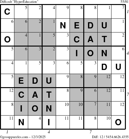 The grouppuzzles.com Difficult HyperEducation-i23 puzzle for Wednesday December 3, 2025 with all 12 steps marked
