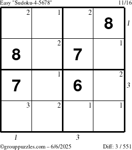 The grouppuzzles.com Easy Sudoku-4-5678 puzzle for Friday June 6, 2025 with all 3 steps marked
