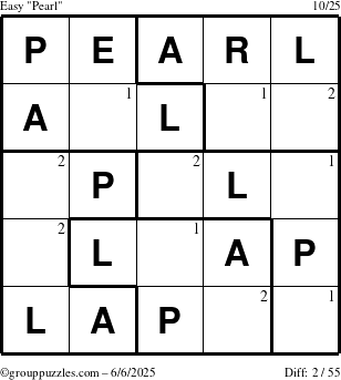 The grouppuzzles.com Easy Pearl puzzle for Friday June 6, 2025 with the first 2 steps marked