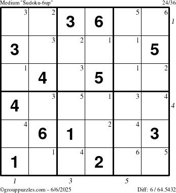 The grouppuzzles.com Medium Sudoku-6up puzzle for Friday June 6, 2025, suitable for printing, with all 6 steps marked