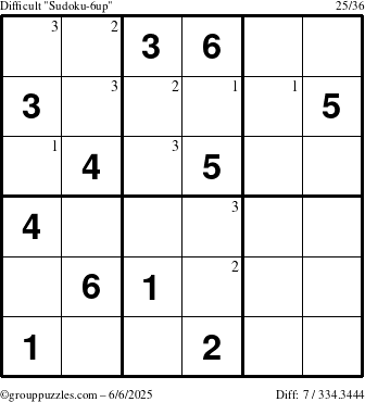 The grouppuzzles.com Difficult Sudoku-6up puzzle for Friday June 6, 2025 with the first 3 steps marked
