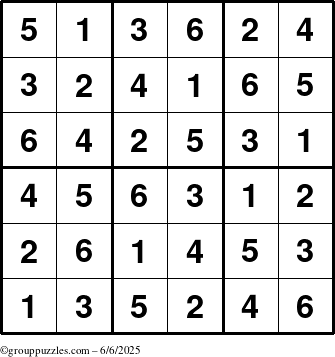 The grouppuzzles.com Answer grid for the Sudoku-6up puzzle for Friday June 6, 2025