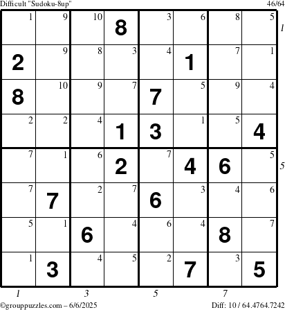 The grouppuzzles.com Difficult Sudoku-8up puzzle for Friday June 6, 2025 with all 10 steps marked