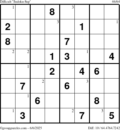 The grouppuzzles.com Difficult Sudoku-8up puzzle for Friday June 6, 2025 with the first 3 steps marked