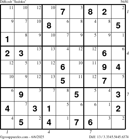 The grouppuzzles.com Difficult Sudoku puzzle for Friday June 6, 2025, suitable for printing, with all 13 steps marked