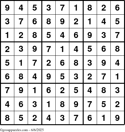 The grouppuzzles.com Answer grid for the Sudoku puzzle for Friday June 6, 2025