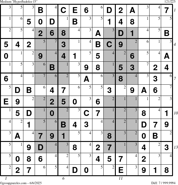 The grouppuzzles.com Medium HyperSudoku-15 puzzle for Friday June 6, 2025 with all 7 steps marked
