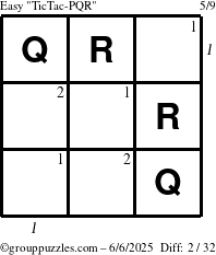 The grouppuzzles.com Easy TicTac-PQR puzzle for Friday June 6, 2025, suitable for printing, with all 2 steps marked