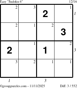 The grouppuzzles.com Easy Sudoku-4 puzzle for Tuesday November 11, 2025 with all 3 steps marked