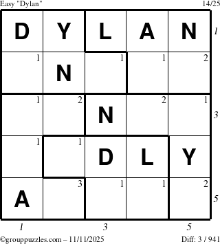 The grouppuzzles.com Easy Dylan puzzle for Tuesday November 11, 2025, suitable for printing, with all 3 steps marked