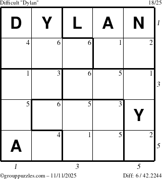 The grouppuzzles.com Difficult Dylan puzzle for Tuesday November 11, 2025 with all 6 steps marked