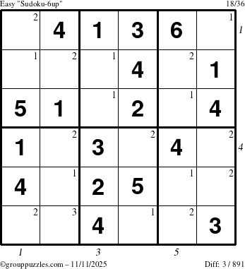 The grouppuzzles.com Easy Sudoku-6up puzzle for Tuesday November 11, 2025, suitable for printing, with all 3 steps marked