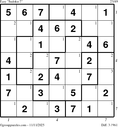 The grouppuzzles.com Easy Sudoku-7 puzzle for Tuesday November 11, 2025, suitable for printing, with all 3 steps marked